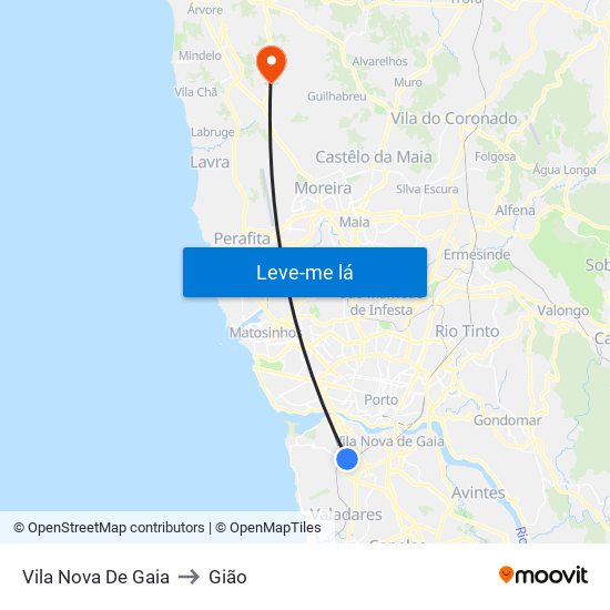 Vila Nova De Gaia to Gião map