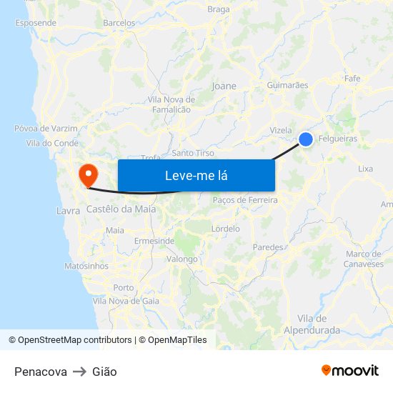 Penacova to Gião map