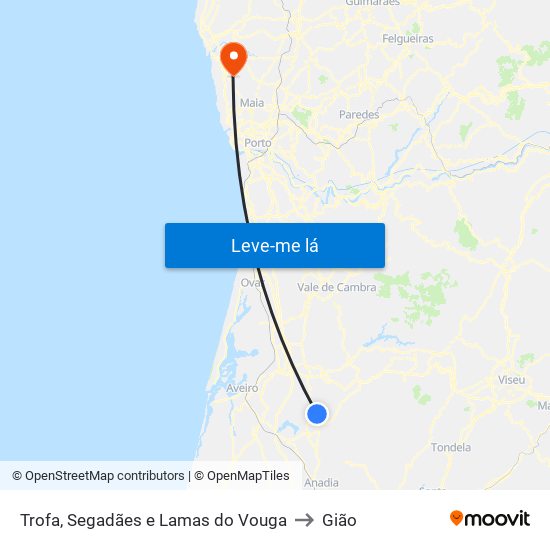 Trofa, Segadães e Lamas do Vouga to Gião map