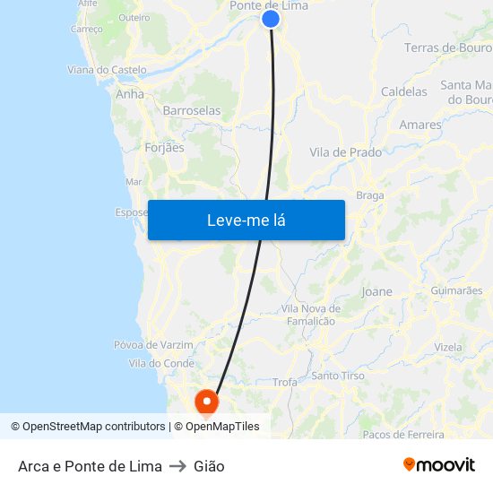 Arca e Ponte de Lima to Gião map