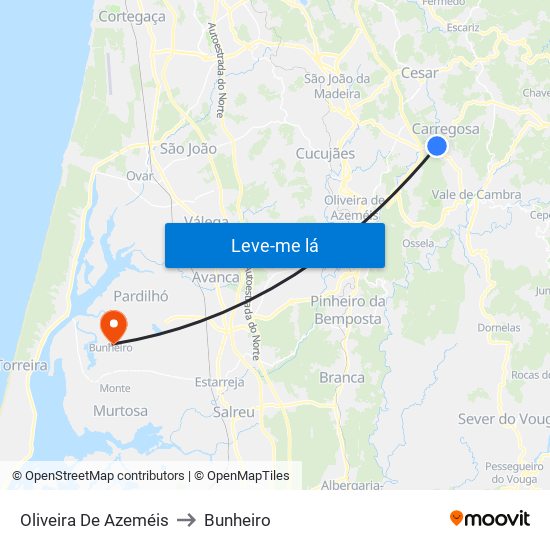 Oliveira De Azeméis to Bunheiro map