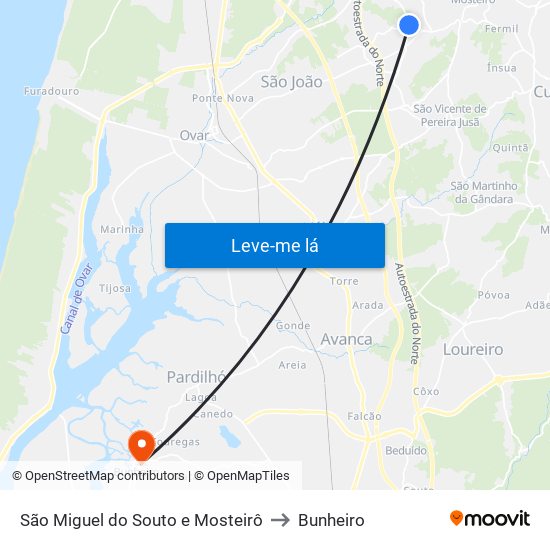 São Miguel do Souto e Mosteirô to Bunheiro map