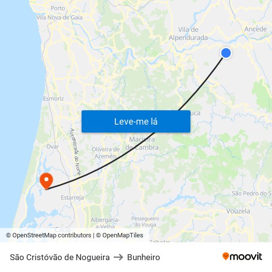 São Cristóvão de Nogueira to Bunheiro map