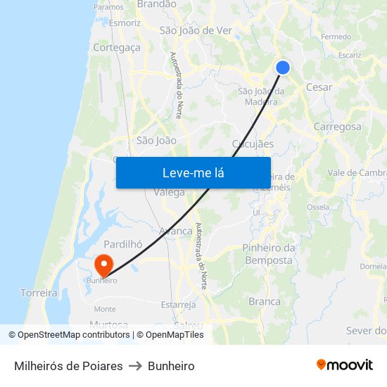 Milheirós de Poiares to Bunheiro map