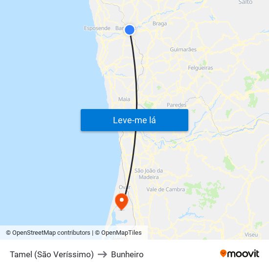 Tamel (São Veríssimo) to Bunheiro map