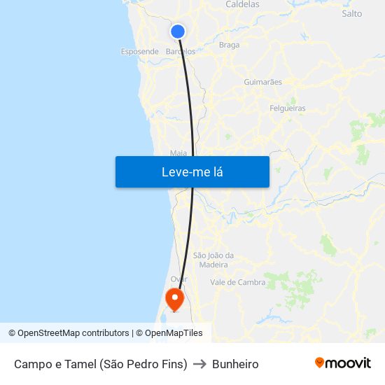 Campo e Tamel (São Pedro Fins) to Bunheiro map