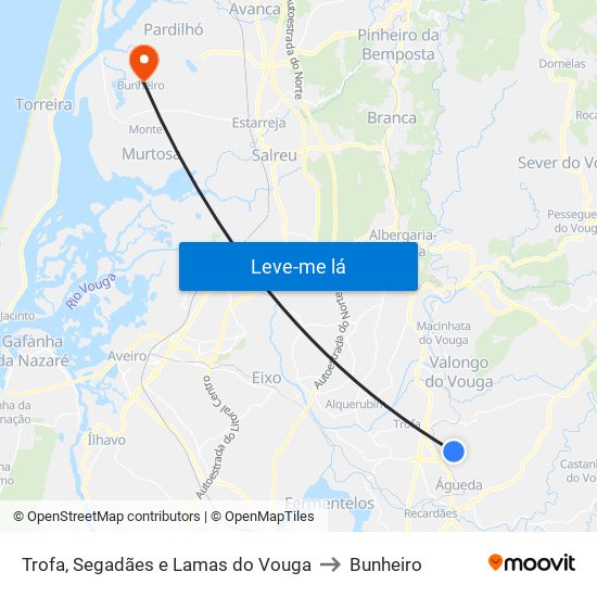 Trofa, Segadães e Lamas do Vouga to Bunheiro map