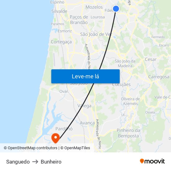 Sanguedo to Bunheiro map