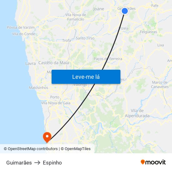 Guimarães to Espinho map