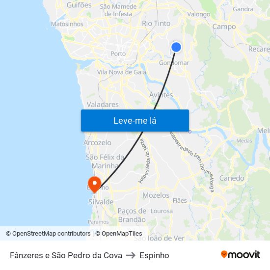 Fânzeres e São Pedro da Cova to Espinho map