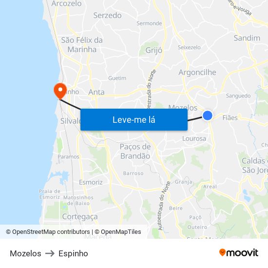 Mozelos to Espinho map