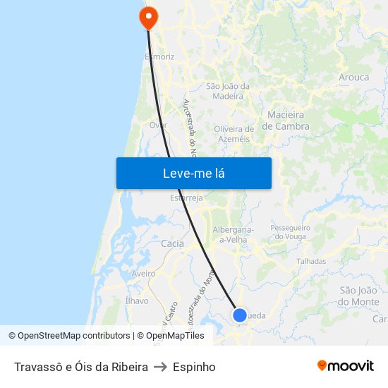 Travassô e Óis da Ribeira to Espinho map