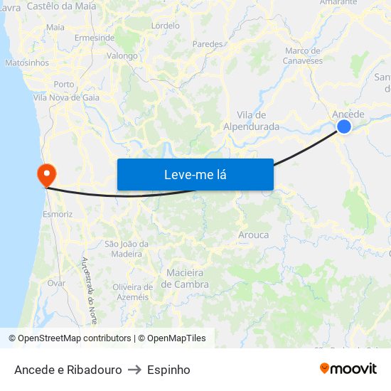 Ancede e Ribadouro to Espinho map