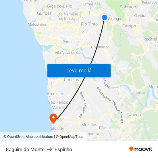 Baguim do Monte to Espinho map