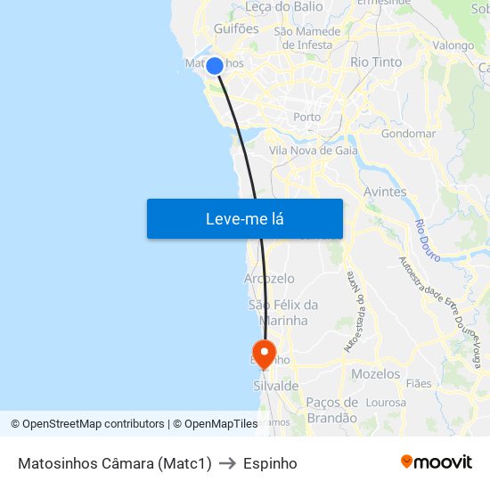 Matosinhos Câmara (Matc1) to Espinho map