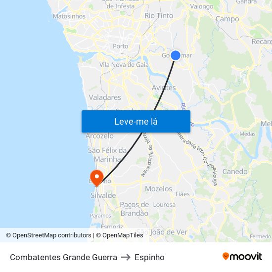 Combatentes Grande Guerra to Espinho map