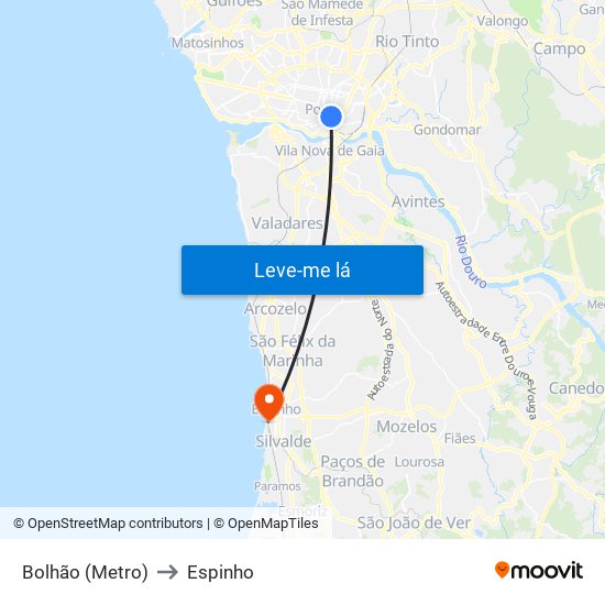 Bolhão (Metro) to Espinho map