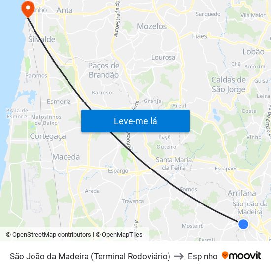 São João da Madeira (Terminal Rodoviário) to Espinho map