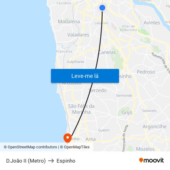 D.João II (Metro) to Espinho map