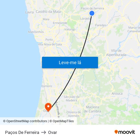 Paços De Ferreira to Ovar map