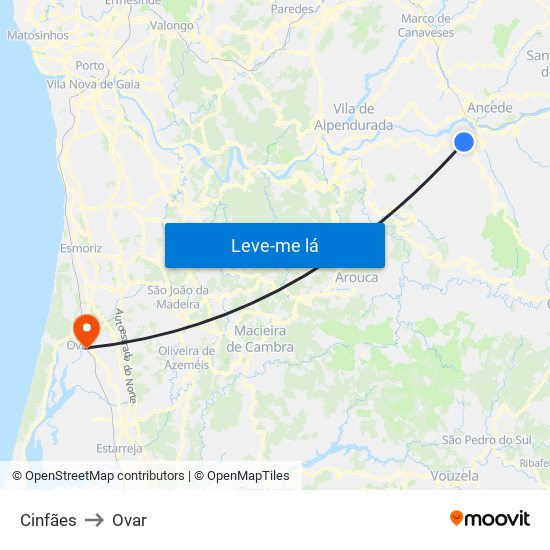 Cinfães to Ovar map