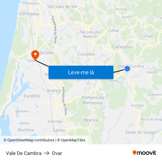 Vale De Cambra to Ovar map