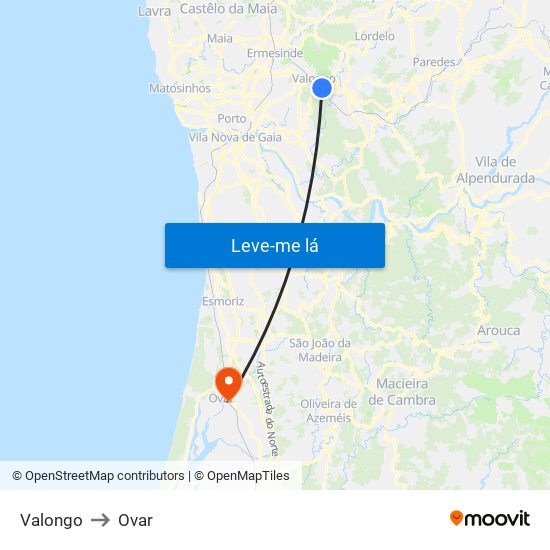 Valongo to Ovar map