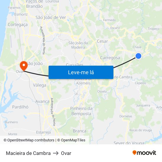 Macieira de Cambra to Ovar map