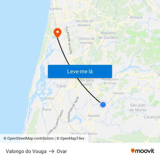 Valongo do Vouga to Ovar map