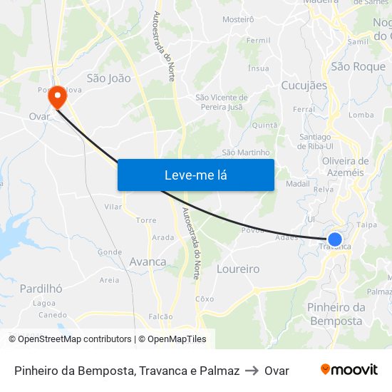 Pinheiro da Bemposta, Travanca e Palmaz to Ovar map