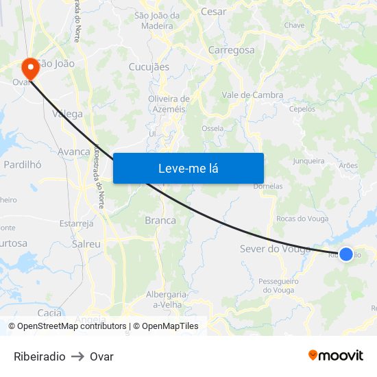 Ribeiradio to Ovar map