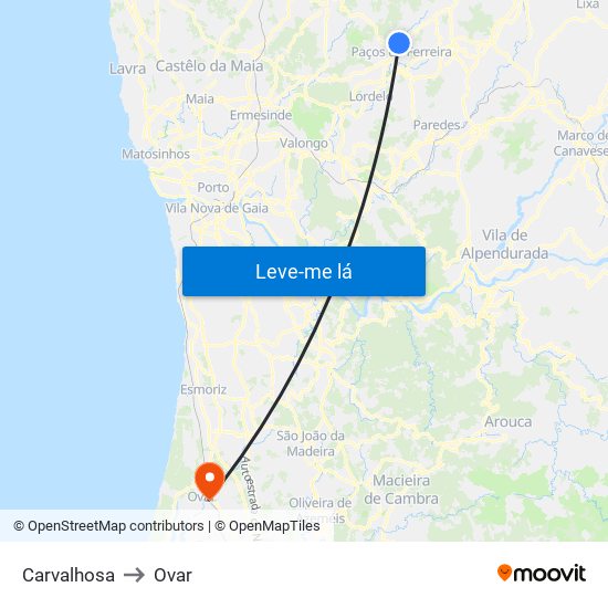 Carvalhosa to Ovar map
