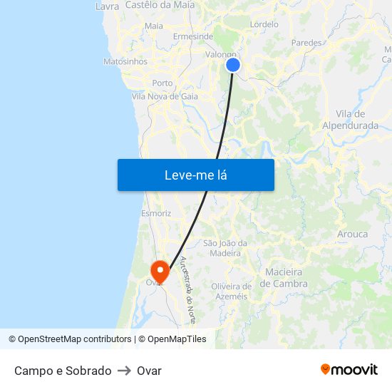 Campo e Sobrado to Ovar map