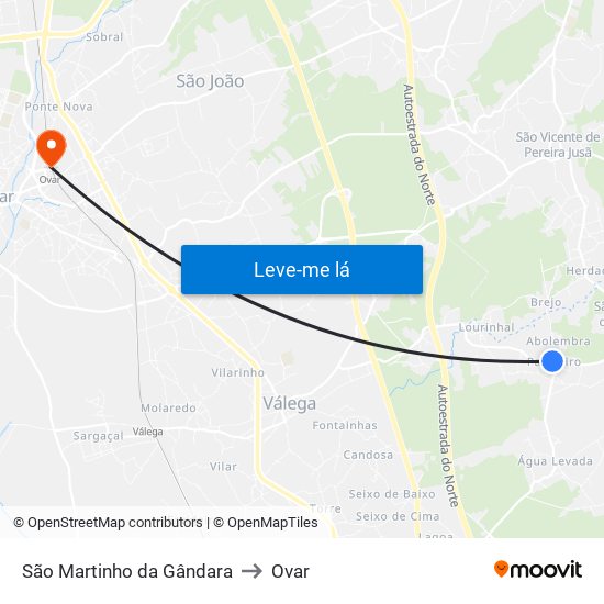 São Martinho da Gândara to Ovar map