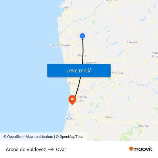 Arcos de Valdevez to Ovar map
