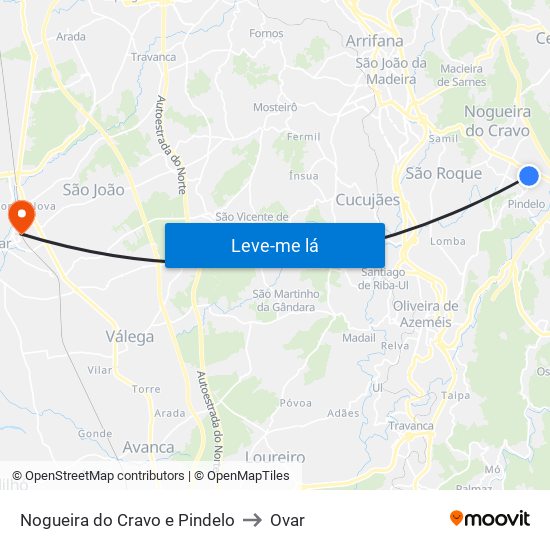 Nogueira do Cravo e Pindelo to Ovar map