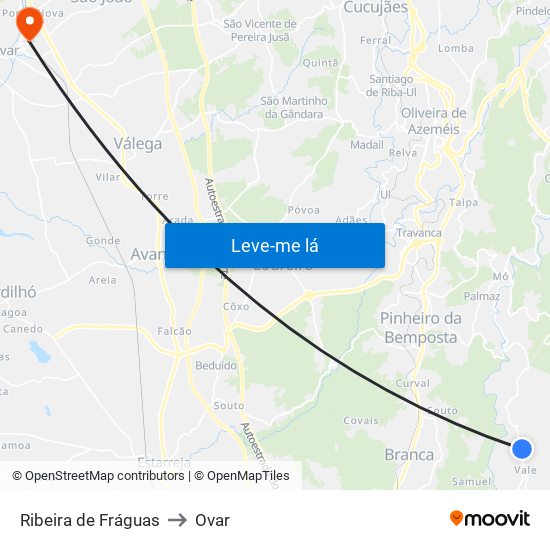 Ribeira de Fráguas to Ovar map