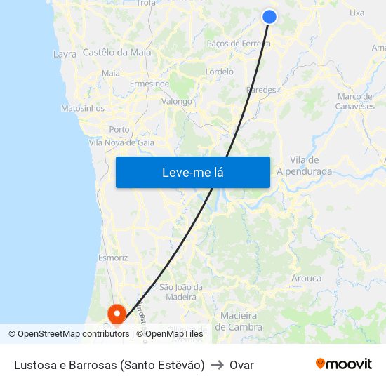 Lustosa e Barrosas (Santo Estêvão) to Ovar map