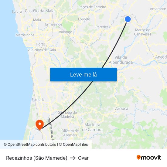Recezinhos (São Mamede) to Ovar map