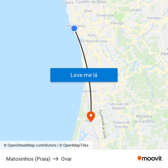 Matosinhos (Praia) to Ovar map