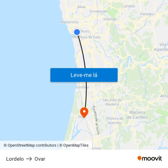 Lordelo to Ovar map