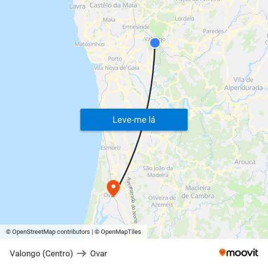 Valongo (Centro) to Ovar map