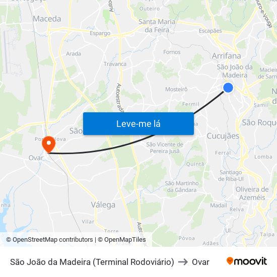 São João da Madeira (Terminal Rodoviário) to Ovar map