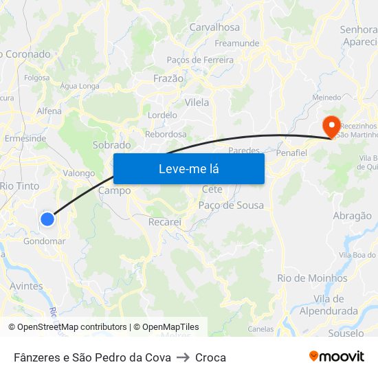 Fânzeres e São Pedro da Cova to Croca map