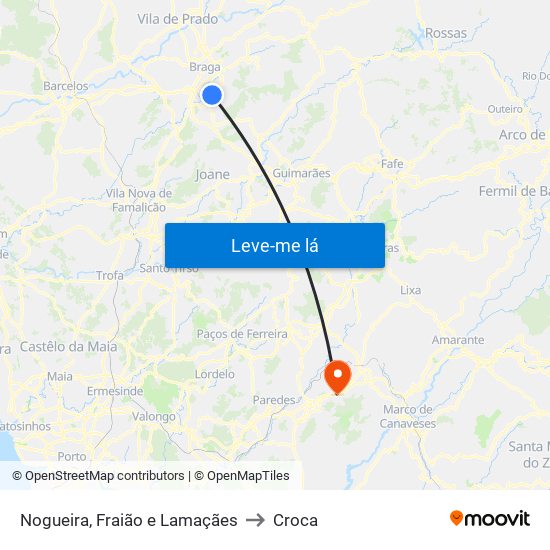 Nogueira, Fraião e Lamaçães to Croca map