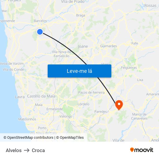 Alvelos to Croca map