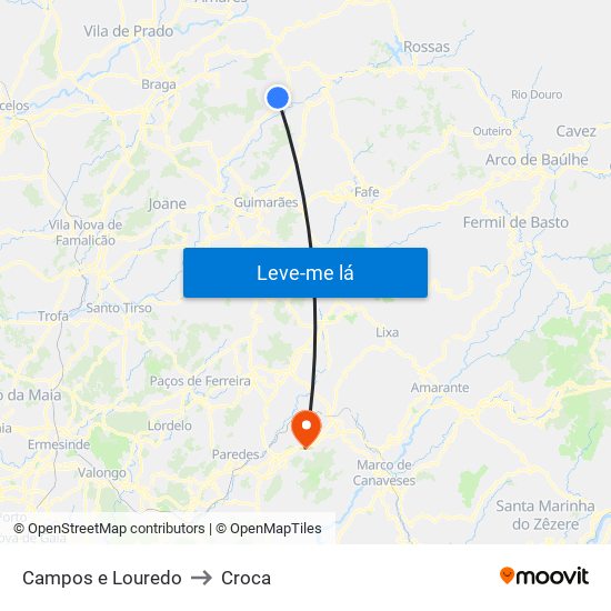 Campos e Louredo to Croca map