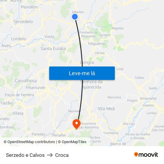 Serzedo e Calvos to Croca map