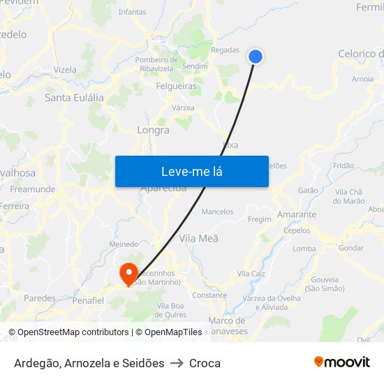 Ardegão, Arnozela e Seidões to Croca map