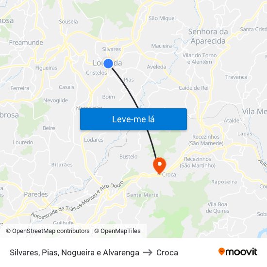 Silvares, Pias, Nogueira e Alvarenga to Croca map